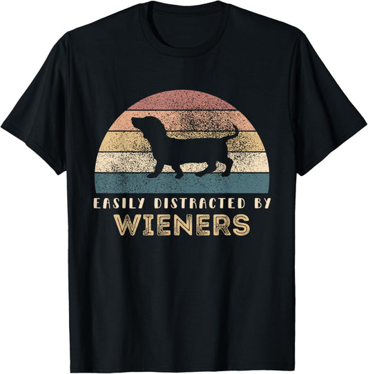 Easily Distracted By Wieners Retro Vintage Funny Pets Lover Unisex-Youth, Unisex-Kids, Women's Black Short Sleeve T-Shirt Small