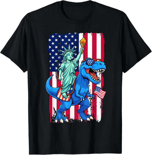 4th of July T-Rex Dinosaur Statue of Liberty American Flag T-Shirt