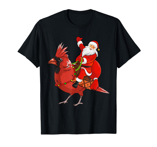 Xmas Matching Funny Santa Riding Northern Cardinal Christmas T-Shirt