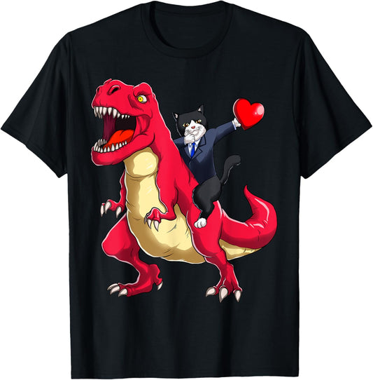 Dabbing Tuxedo Cat Riding Dinosaur Valentines Day Heart Love T-Shirt for Men Women Kids