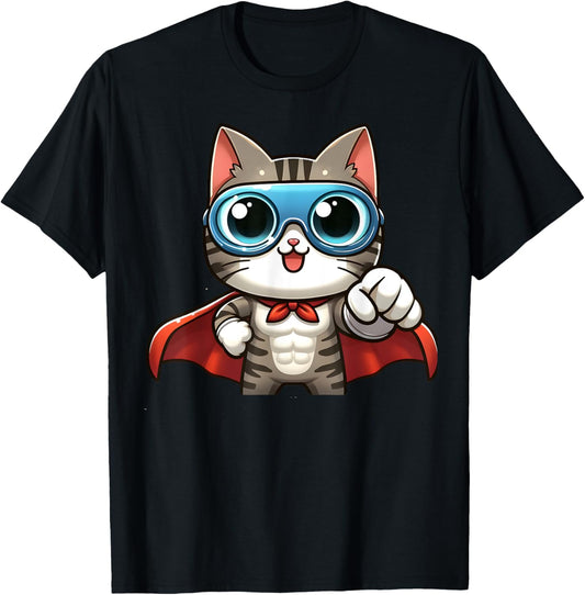 Cute Cat Superhero With Cape Gift Men Kids Women Funny Cat T-Shirt