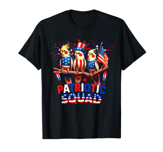 Patriotic Squad Three Cute Cockatiels 4th Of July US Flag T-Shirt