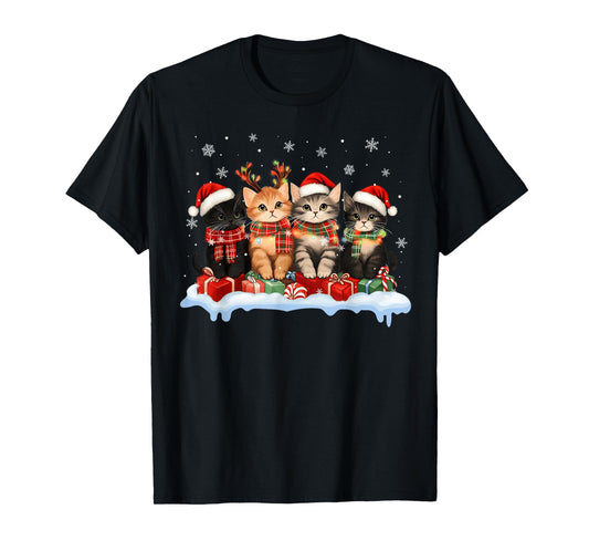 Cat Christmas Light Reindeer Santa Christmas Cat Lover Xmas T-Shirt