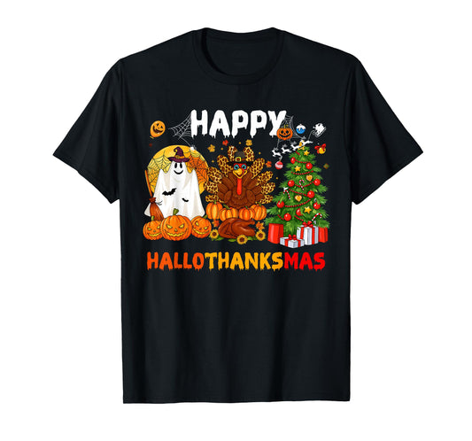 Retro Happy Hallothanksmas Halloween Thanksgiving Christmas T-Shirt