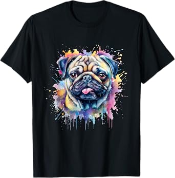 Pug Owner Dog Lover Apparel Pug Watercolor Dog T-Shirt - Unisex-Adults & Kids - Black - Small - Short Sleeve - Cotton & Polyester - Modern - Artistic Watercolor Design