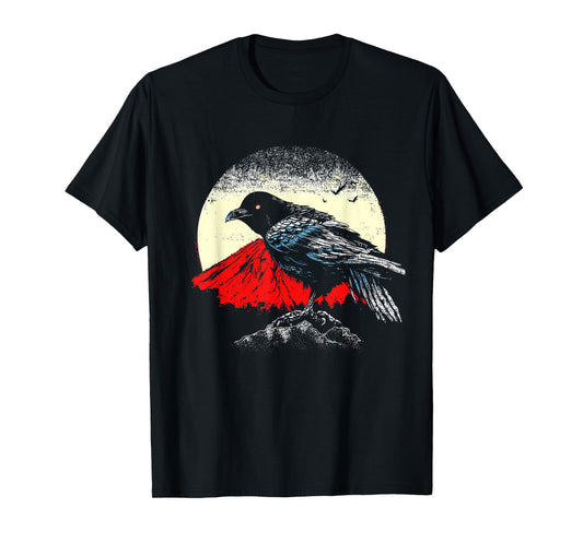 Japanese Art Black Crow Raven Red Moon - Retro Bird T-Shirt