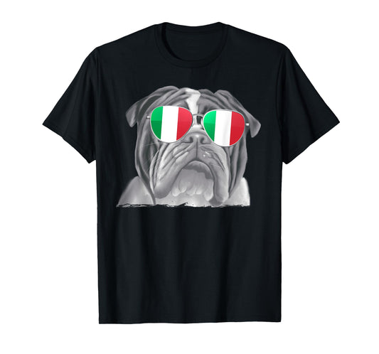 Bulldog Dog Italy Flag Sunglasses T-Shirt