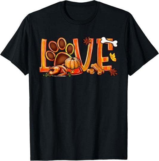 Love Dog Paw Print Turkey Pumpkin Fall Autumn Thanksgiving T-Shirt