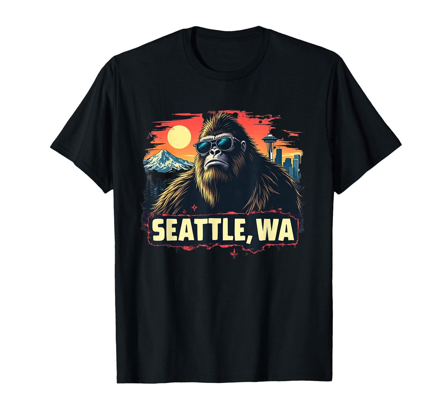 Seattle Cool Bigfoot with Downtown and Mountains T-Shirt