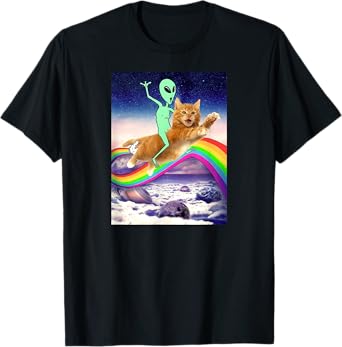 Alien Riding Cat Over Rainbow Men Women Kids T-Shirt