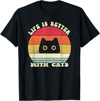Life Is Better With Cats Cat Shirt Retro 70s Style Cute Paw T-Shirt