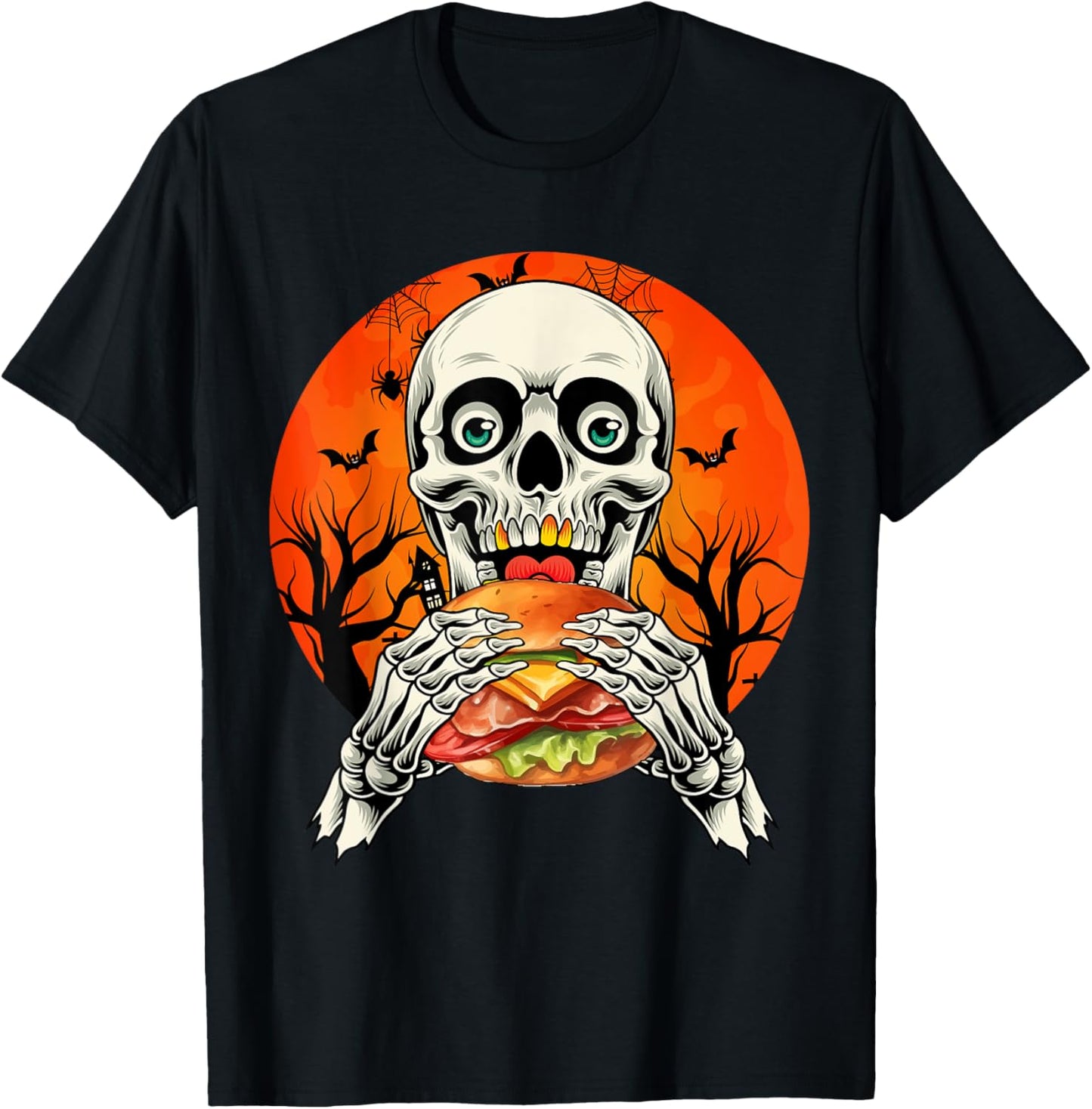 Horror Skeleton Eating Hamburger Halloween Costume Foodies T-Shirt