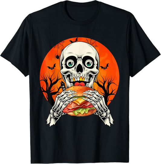 Horror Skeleton Eating Hamburger Halloween Costume Foodies T-Shirt
