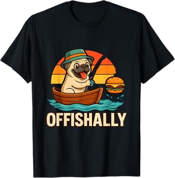 Funny Pug Fishing Cheeseburger Retro Graphic T-Shirt