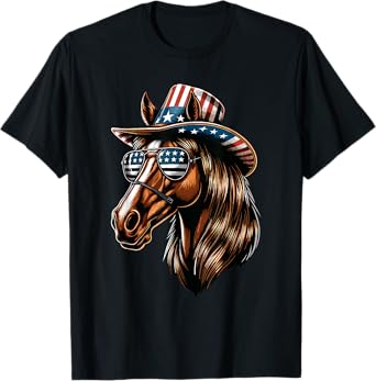 Horse Patriotic Equestrian 4th Of July USA American Flag Women Men T-Shirt