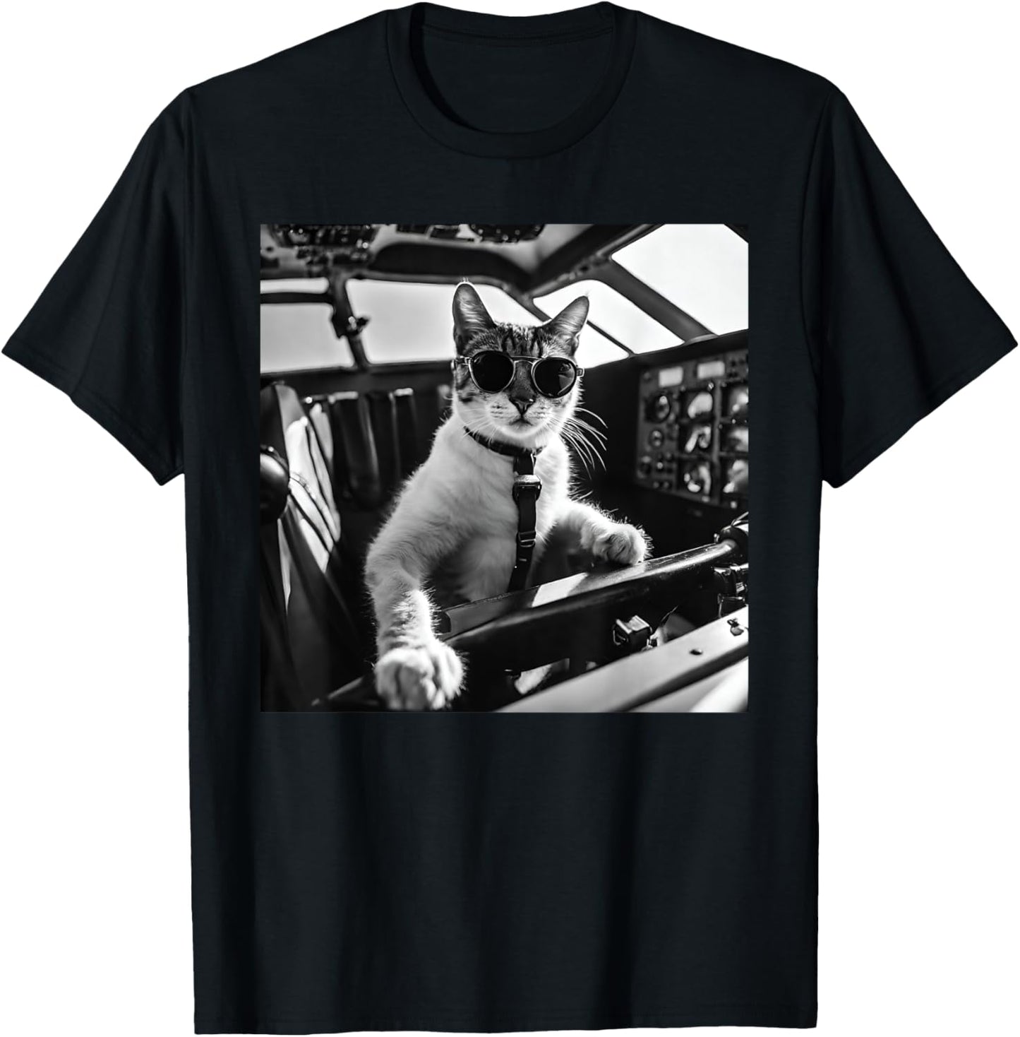 Funny Pilot Cat Wearing Sunglasses Flying A Plane T-Shirt