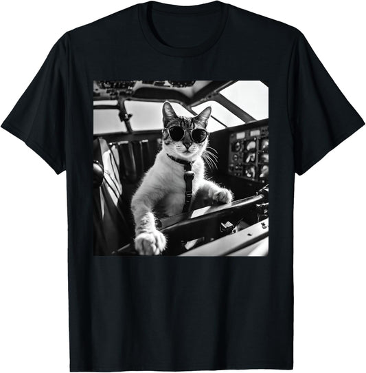 Funny Pilot Cat Wearing Sunglasses Flying A Plane T-Shirt