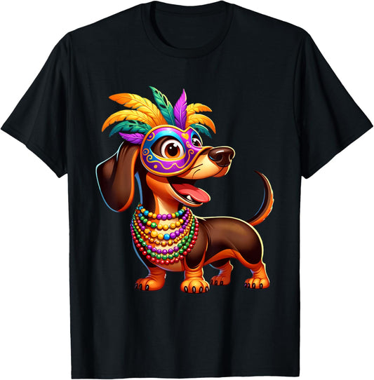 Mardi Gras Dachshund Wearing Mardi Gras Costume Beads Mask T-Shirt
