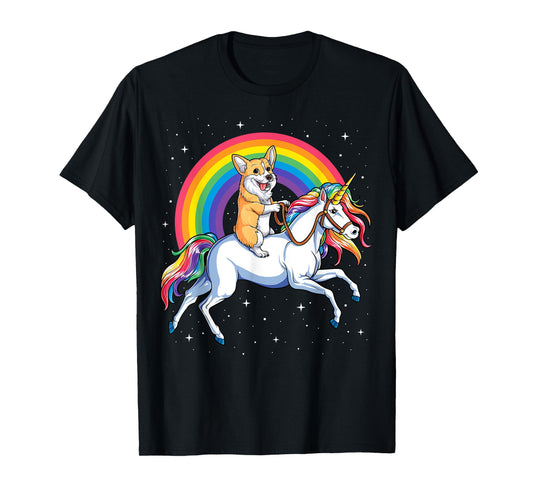 Corgi Riding Unicorn Girls Kids Rainbow Gifts Space Galaxy T-Shirt