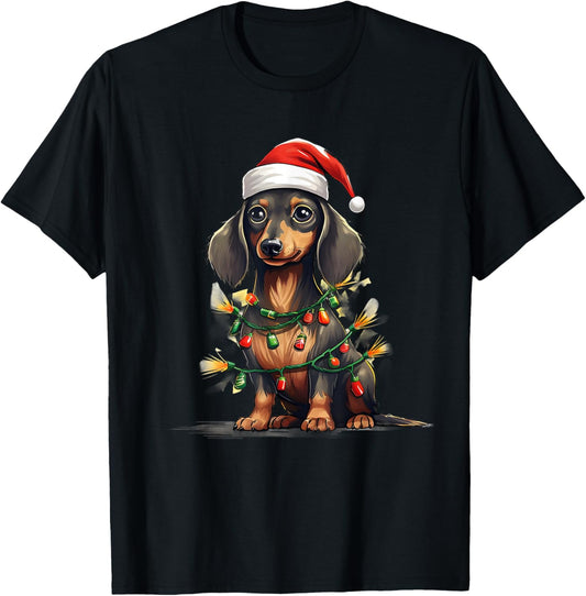 Merry Christmas Dachshund Santa Hat Lights Xmas Men Women T-Shirt