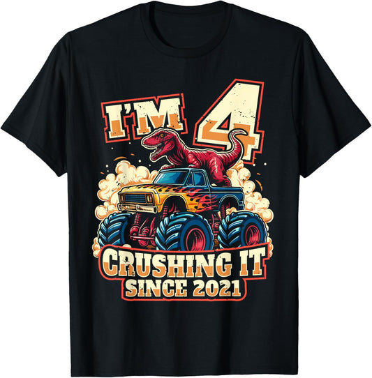 4 Year Old Boys 4th Birthday Dinosaur Monster Truck Party T-Shirt