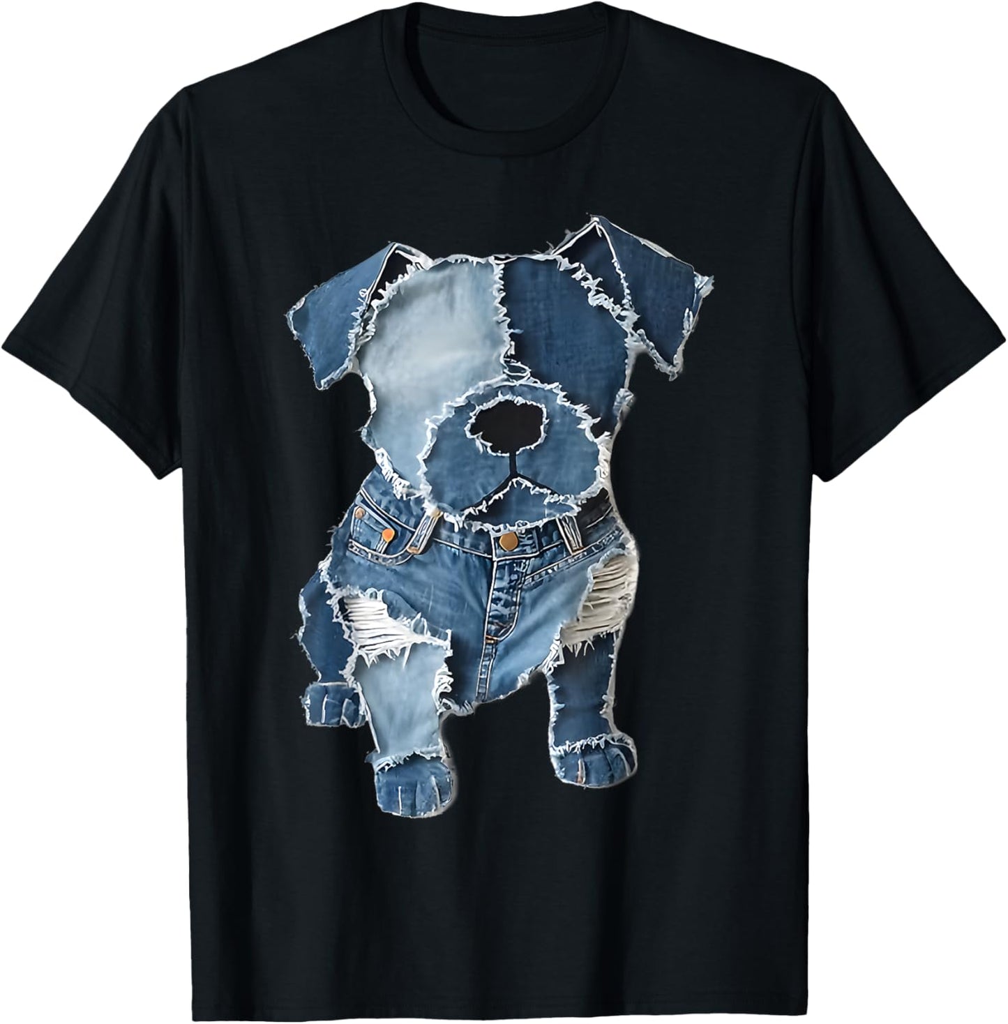 Retro Denim Dog Pattern Denim Patchwork Art Graphic Design T-Shirt