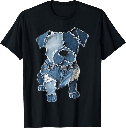 Retro Denim Dog Pattern Denim Patchwork Art Graphic Design T-Shirt