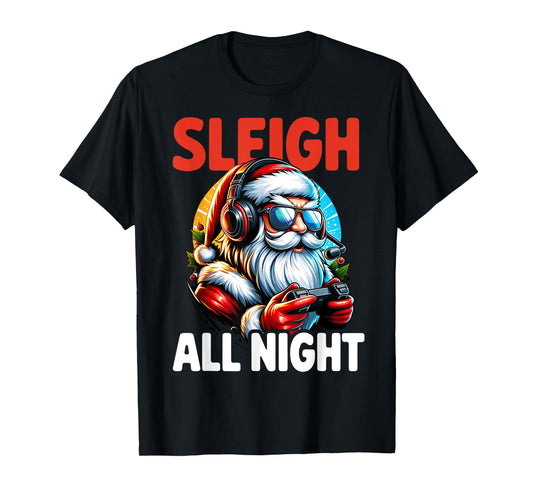 Christmas Gamer Boys Sleigh All Night Video Game Santa Xmas T-Shirt