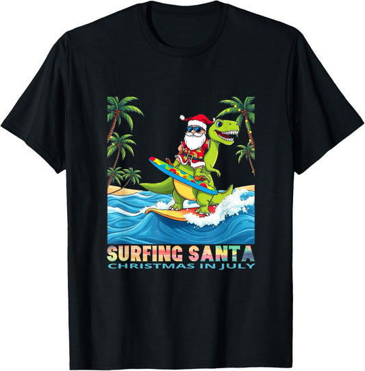 Surfing Santa Dinosaur Fun Kids Beach Holiday design T-Shirt