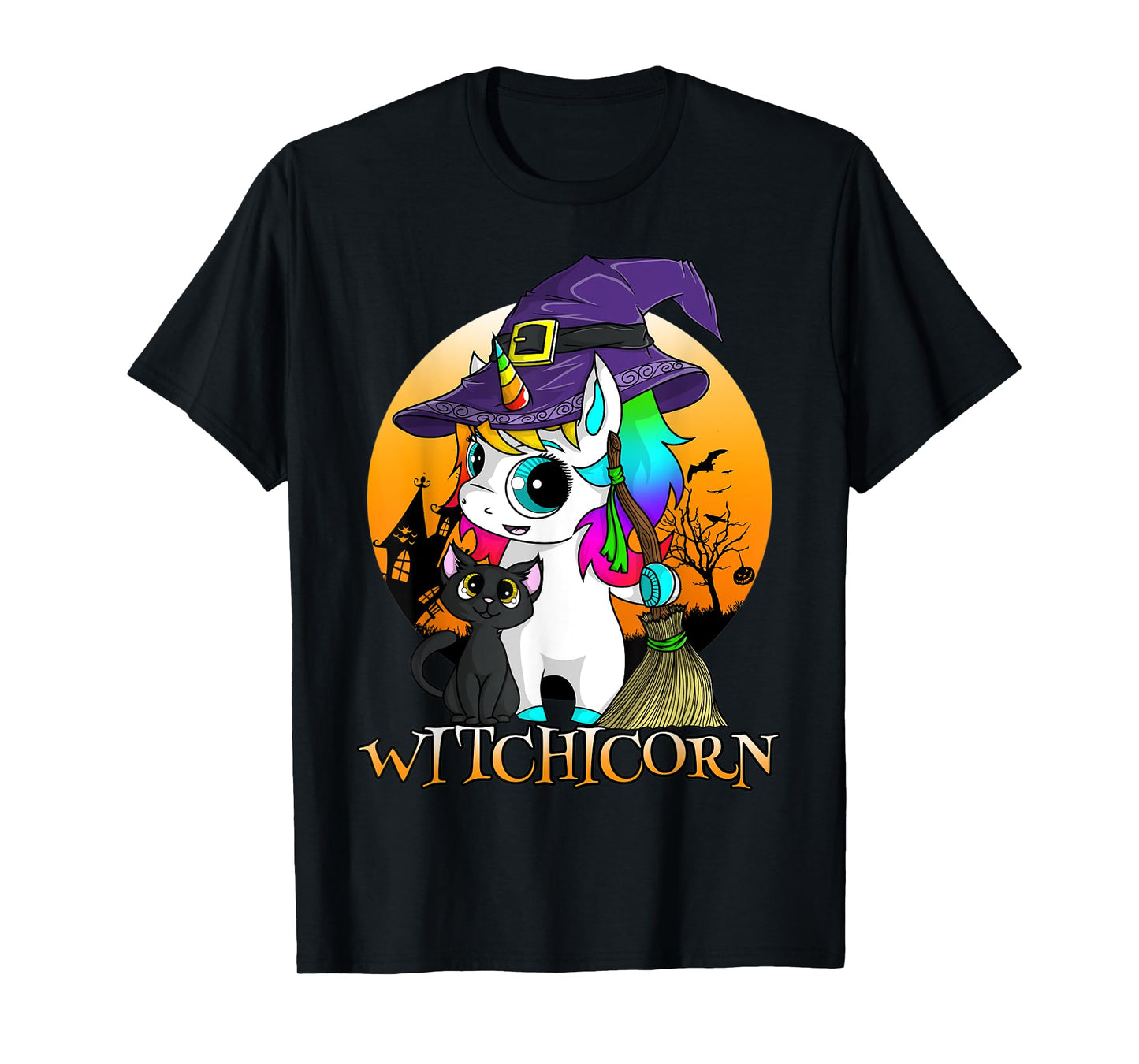 Witchicorn Unicorn Witch Halloween Black Cat Orange Moon T-Shirt