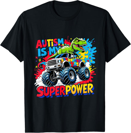 Autism Is My Superpower T Rex Monster Truck Puzzle Boys Gift T-Shirt
