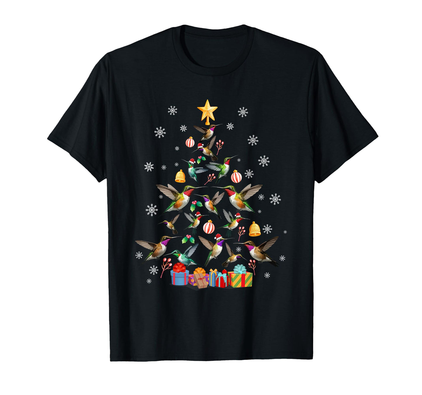 Funny Xmas Celebration Party Family Friends Unisex-Kids Teens Adults Hummingbird Christmas Tree Black T-Shirt