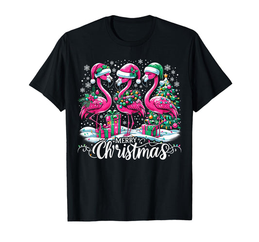 Merry Christmas Hat Santa Flamingo Light Christmas T-Shirt