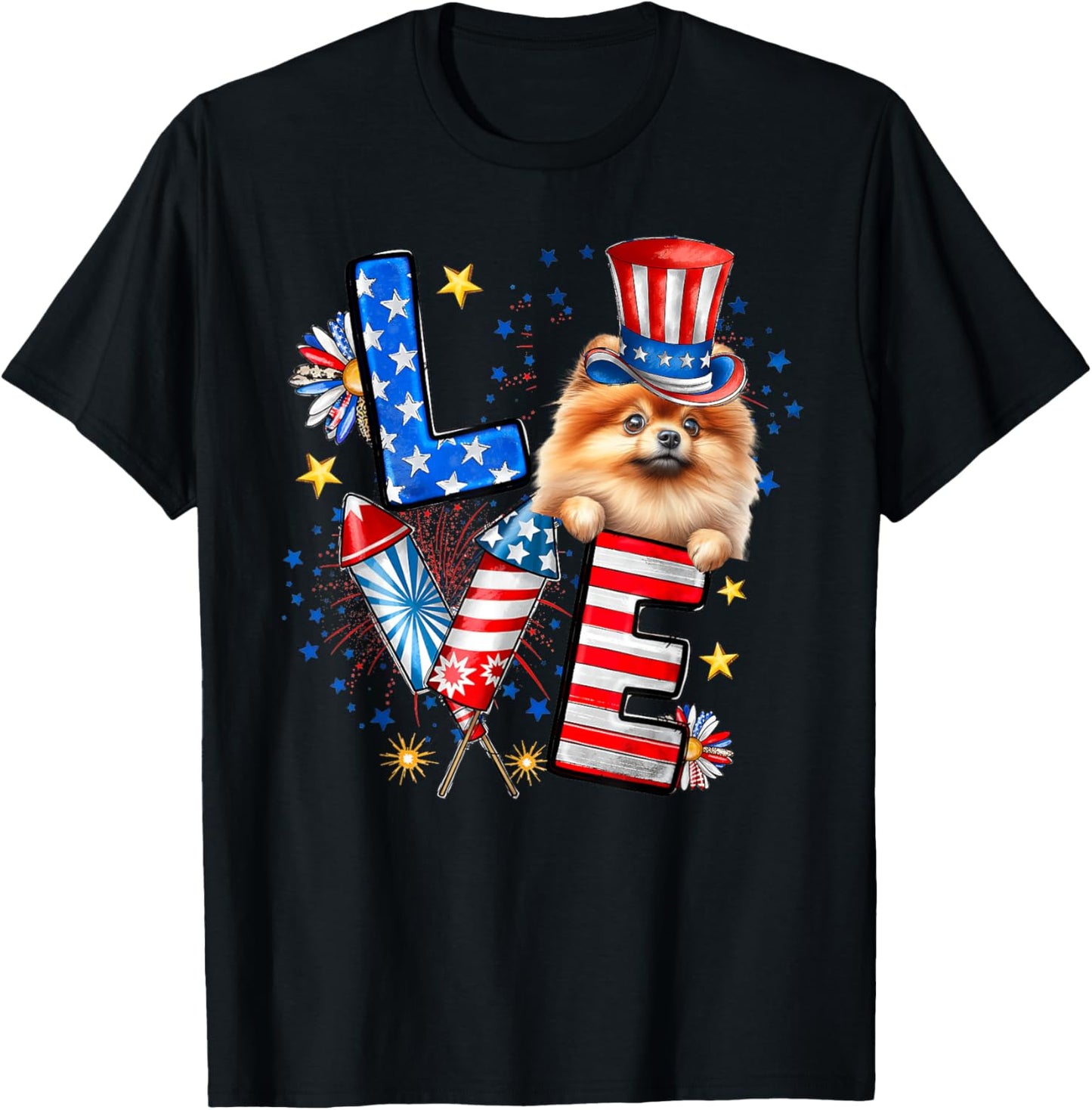 LOVE Pomeranian Dog American Flag 4th Of July T-Shirt