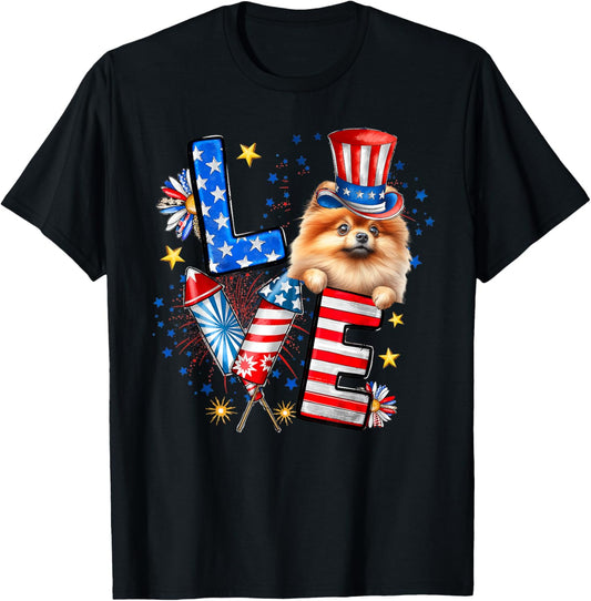 LOVE Pomeranian Dog American Flag 4th Of July T-Shirt