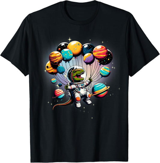 Astronaut Dinosaur With Balloons In Space For Men Women Kids T-Shirt