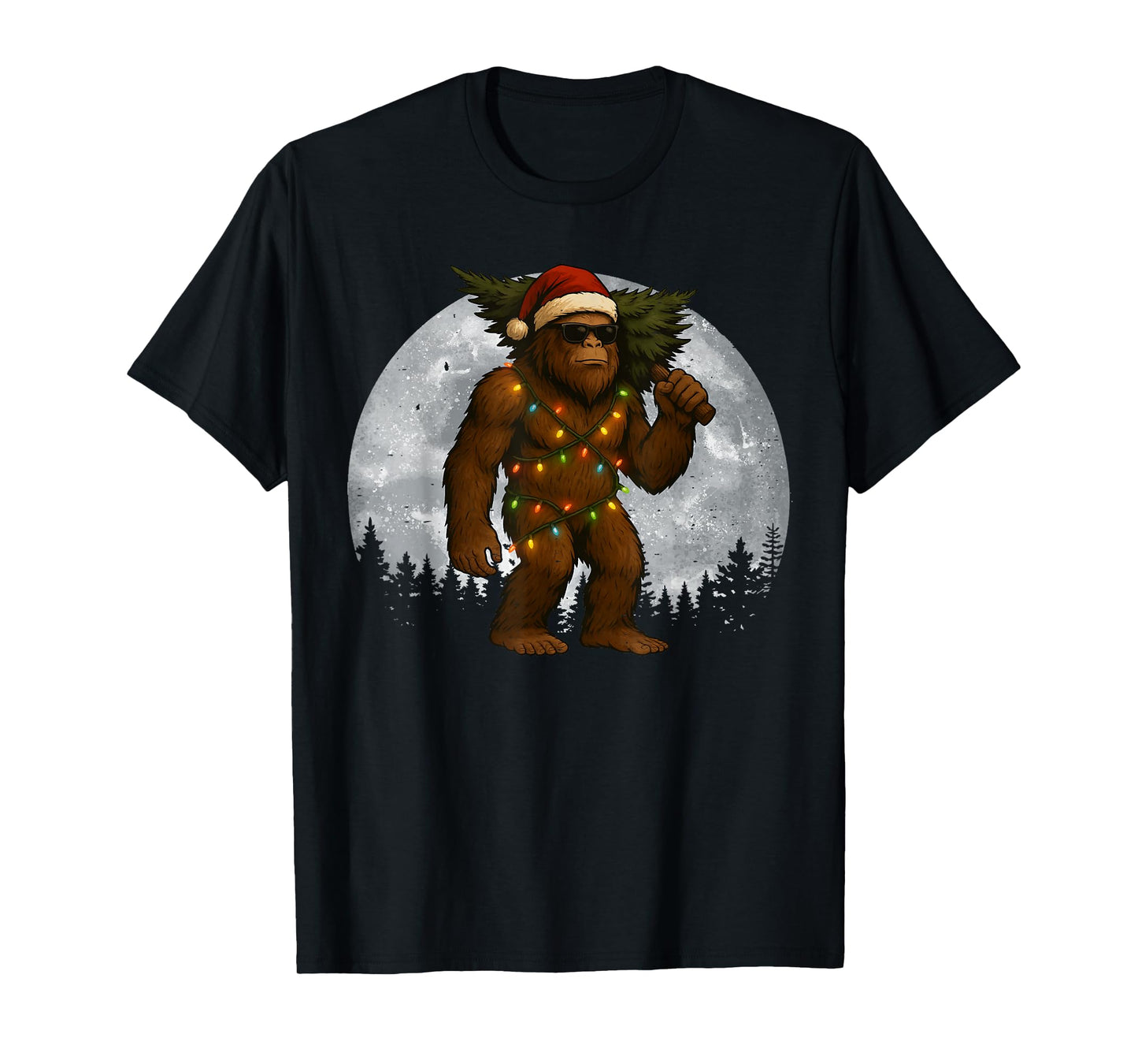 Santa Bigfoot Christmas Lights Funny Sasquatch Believe T-Shirt