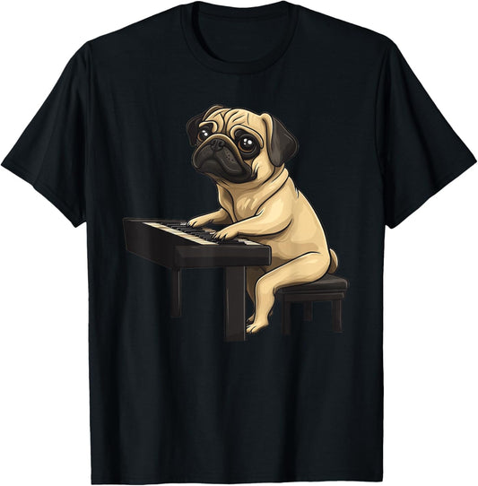 Cute Dog Pug Playing Piano Musician Music T-Shirt