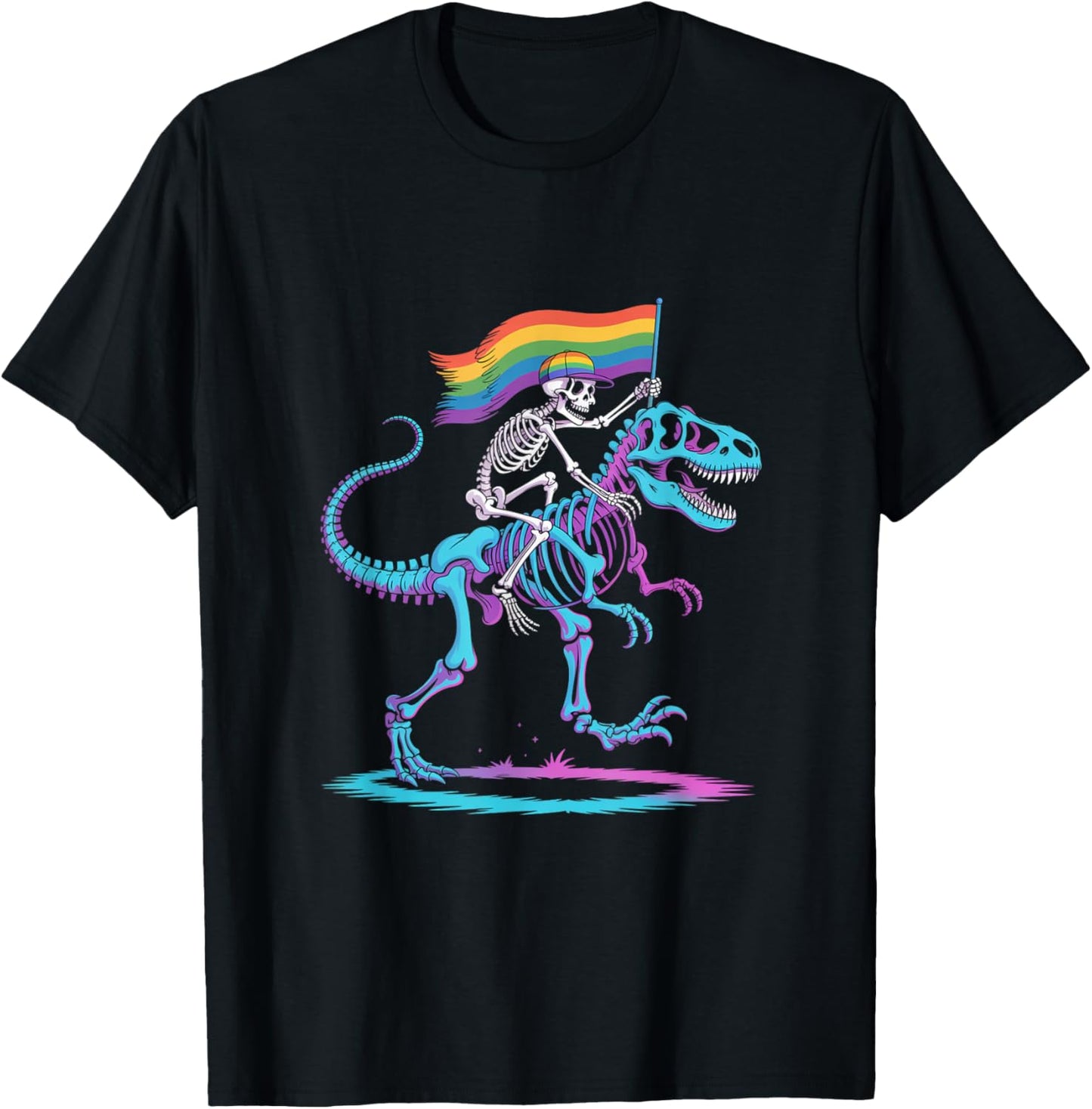 Skeleton Riding Dinosaur T Rex Halloween Glow Vibe Design T-Shirt