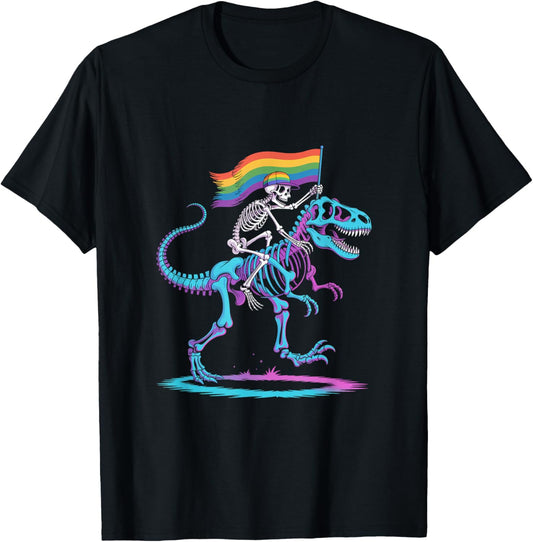 Skeleton Riding Dinosaur T Rex Halloween Glow Vibe Design T-Shirt