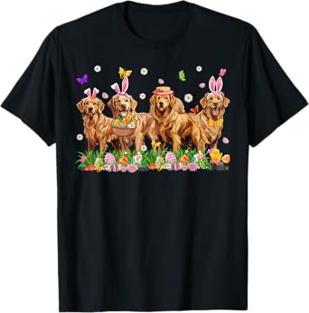 Golden Retriever Dogs With Bunny Ears Egg Basket Easter Day T-Shirt