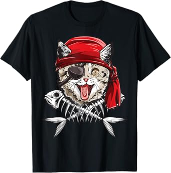 Cat Pirate Boys Men Jolly Roger Flag Skull And Crossbones T-Shirt