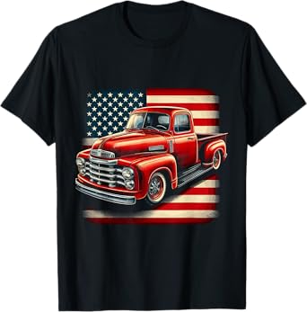 Classic Old Pickup Truck 4th of July Patriotic American Flag T-Shirt