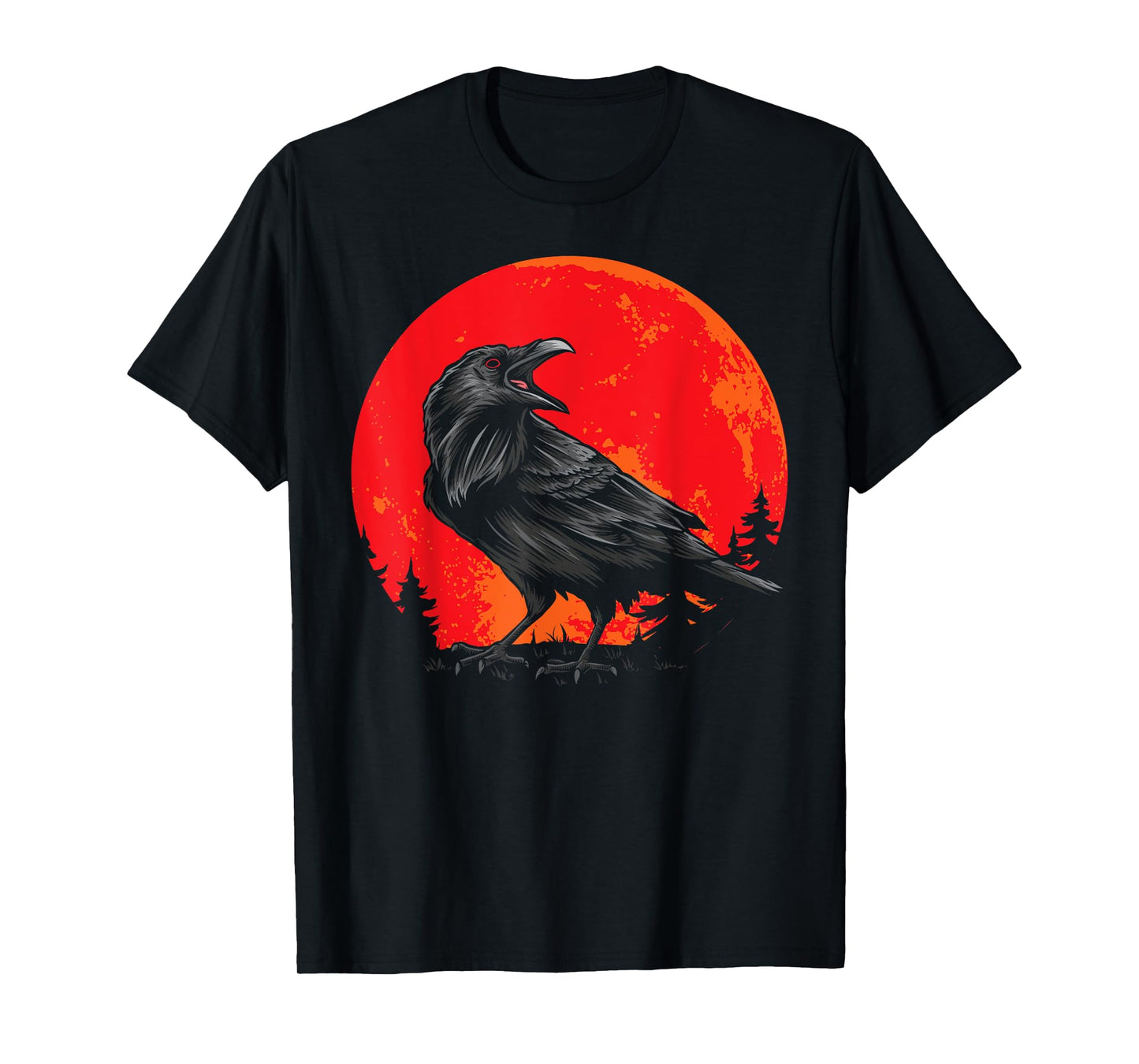 Red Moon Black Crow Gothic Animal Bird Spooky Forest Raven T-Shirt