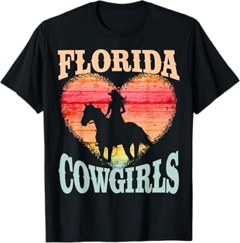 Florida Cowgirls Girl Riding Horse Silhouette Ombre Heart T-Shirt