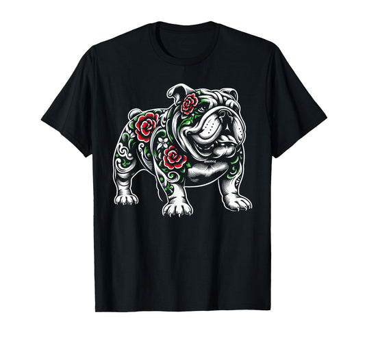 Bulldog Floral Red Rose Mens Womens T-Shirt