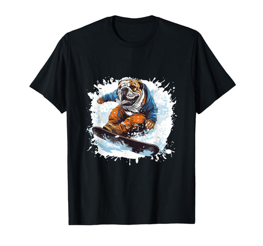 Bulldog Dog On Snowboard Animal Snowboarding T-Shirt for Men Women Girls Kids