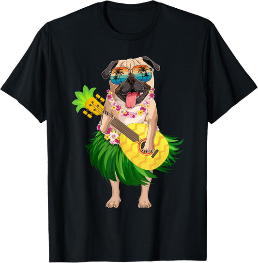Hawaiian Pug Dog & Pineapple Ukulele Summer Vacation T-Shirt