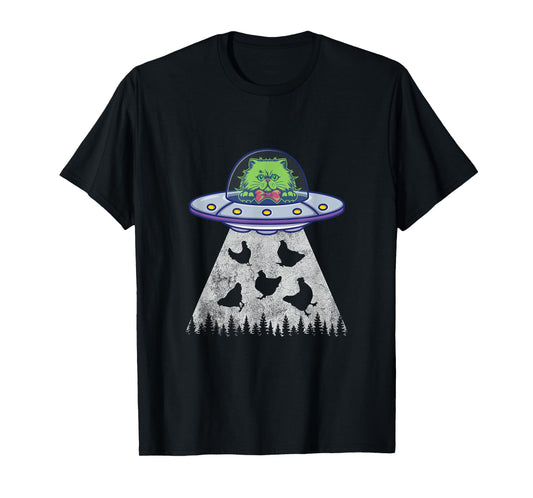 Cat Abduction Chicken Funny UFO Alien Lover Vintage Distress T-Shirt