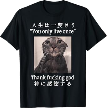 Funny Melancholy Cat Tee Shirt - Unisex Adults Cat Lovers Humor Appreciators Young Adults T-Shirt - Black - Small - Short Sleeve - Letter Print - Classic Fit - Stretchable - Crew Neck - Machine Wash